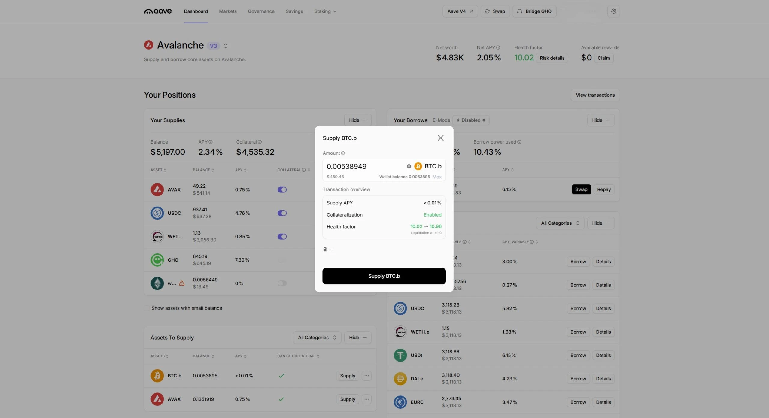 Supply BTC.b — a tranzakció-áttekintő mutatja a kamatozást és a fedezet-kapcsolót