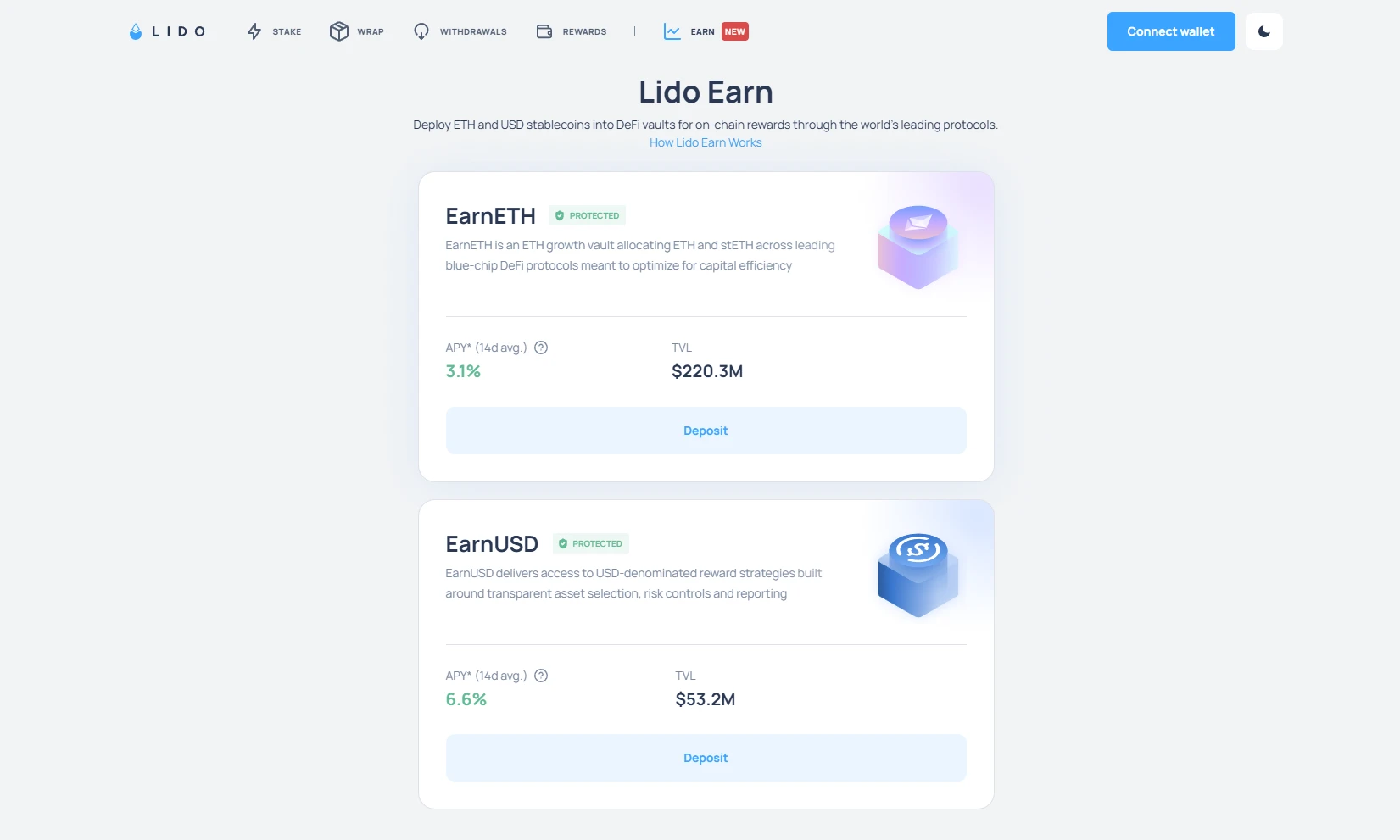 A Lido Earn felülete: EarnETH és EarnUSD tárolók APY-értékkel és TVL-adatokkal