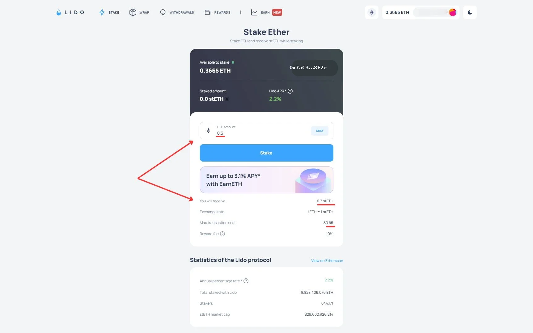 A Lido Stake felülete 0.5 ETH megadása után: a You will receive sorban 0.5 stETH, a Submit gomb felett a tranzakciós költségek becslései